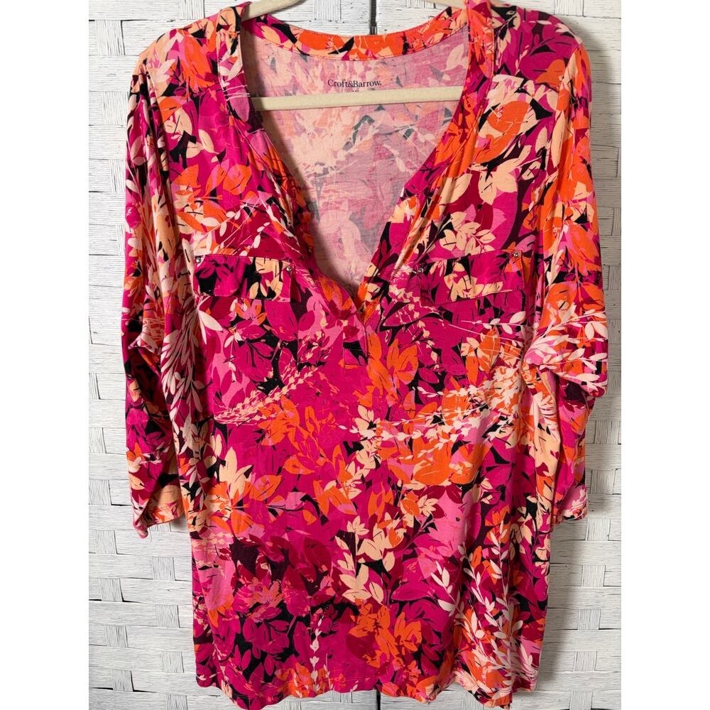 Croft & Barrow Womens top tropical travel  split neck 3/4 sleeve plus size